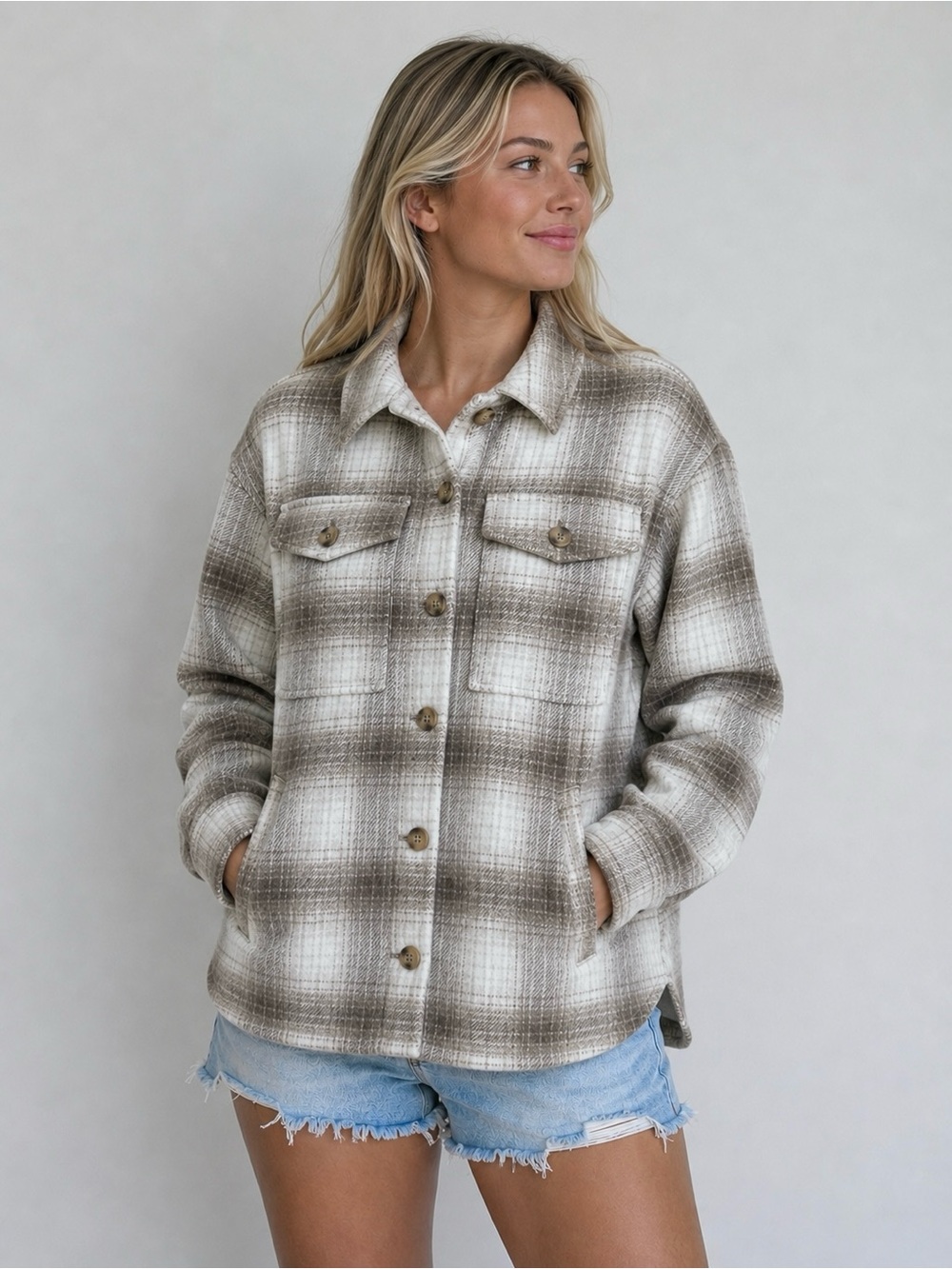 Womens Plaid Flannel Shacket Shirt Taupe Cream Size S Cozy Warm by Denver Hayes